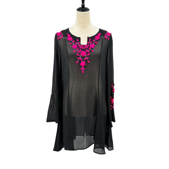 Roja Black Sheer Chiffon Hot Pink Embroidered Floral Long Sleeve Tunic Coverup - Picture 1 of 15